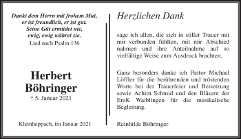 Traueranzeige von Herbert Böhringer von Waiblinger Kreiszeitung