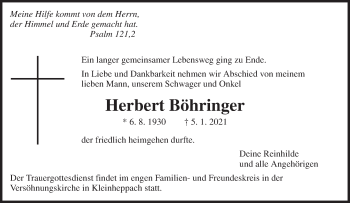 Traueranzeige von Herbert Böhringer von Waiblinger Kreiszeitung