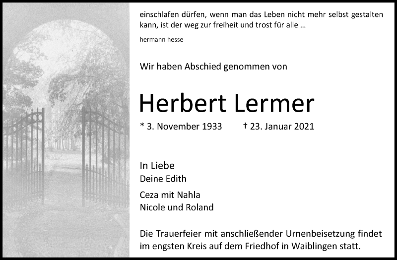  Traueranzeige für Herbert Lermer vom 30.01.2021 aus Waiblinger Kreiszeitung