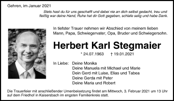 Traueranzeige von Herbert Karl Stegmaier von Waiblinger Kreiszeitung