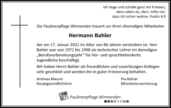 Traueranzeige von Hermann Bahler von Waiblinger Kreiszeitung