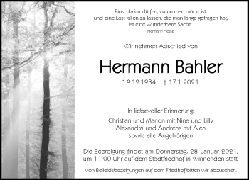 Traueranzeige von Hermann Bahler von Waiblinger Kreiszeitung