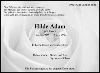 Traueranzeige von Hilde Adam von Waiblinger Kreiszeitung