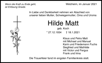 Traueranzeige von Hilde Matt von Waiblinger Kreiszeitung