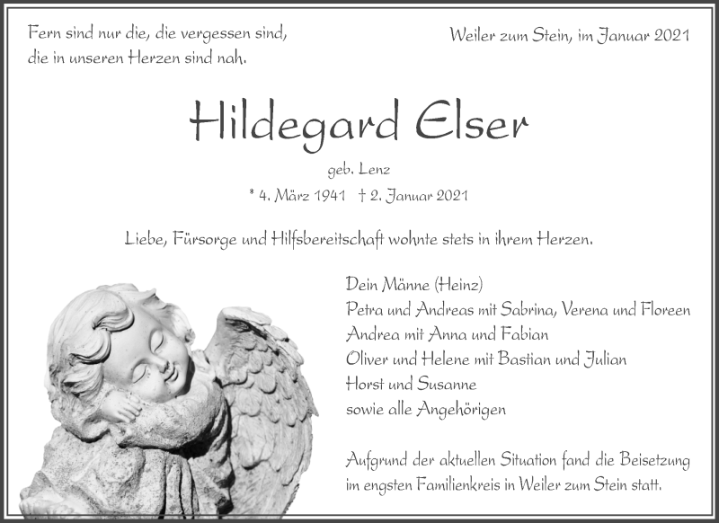  Traueranzeige für Hildegard Elser vom 19.01.2021 aus Waiblinger Kreiszeitung