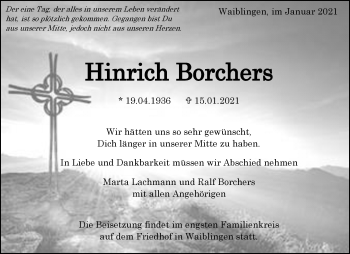 Traueranzeige von Hinrich Borchers von Waiblinger Kreiszeitung