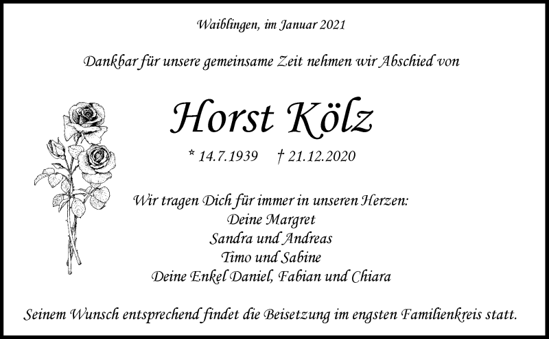 Traueranzeige für Horst Kölz vom 04.01.2021 aus Waiblinger Kreiszeitung