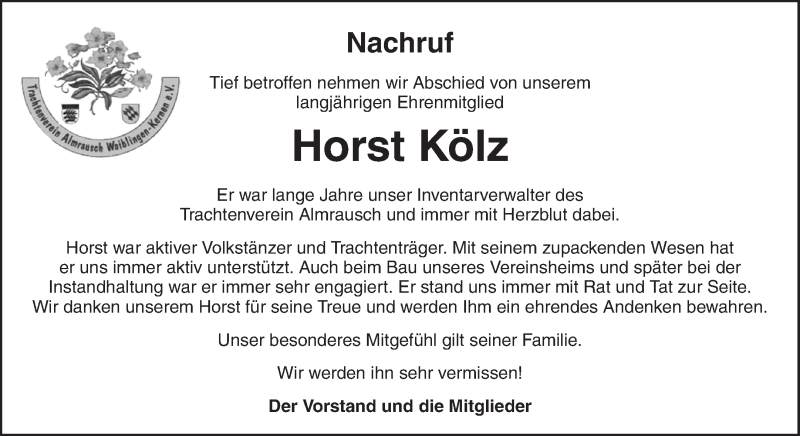  Traueranzeige für Horst Kölz vom 09.01.2021 aus Waiblinger Kreiszeitung