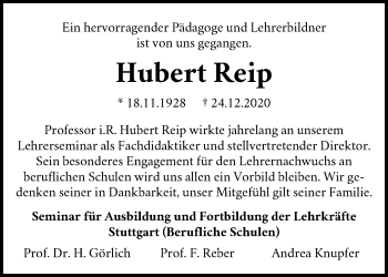 Traueranzeige von Hubert Reip von Waiblinger Kreiszeitung