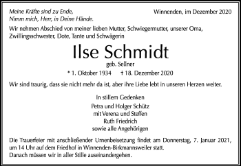 Traueranzeige von Ilse Schmidt von Waiblinger Kreiszeitung