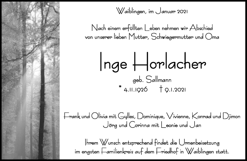  Traueranzeige für Inge Horlacher vom 16.01.2021 aus Waiblinger Kreiszeitung