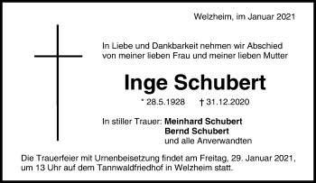 Traueranzeige von Inge Schubert von Waiblinger Kreiszeitung