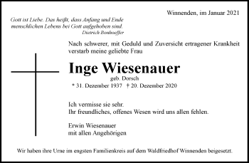 Traueranzeige von Inge Wiesenauer von Waiblinger Kreiszeitung