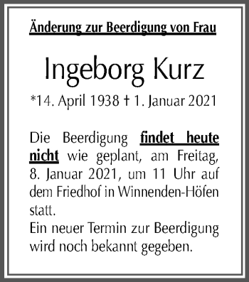 Traueranzeige von Ingeborg Kurz von Waiblinger Kreiszeitung