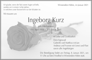 Traueranzeige von Ingeborg Kurz von Waiblinger Kreiszeitung