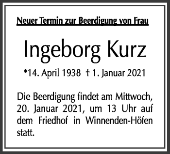 Traueranzeige von Ingeborg Kurz von Waiblinger Kreiszeitung