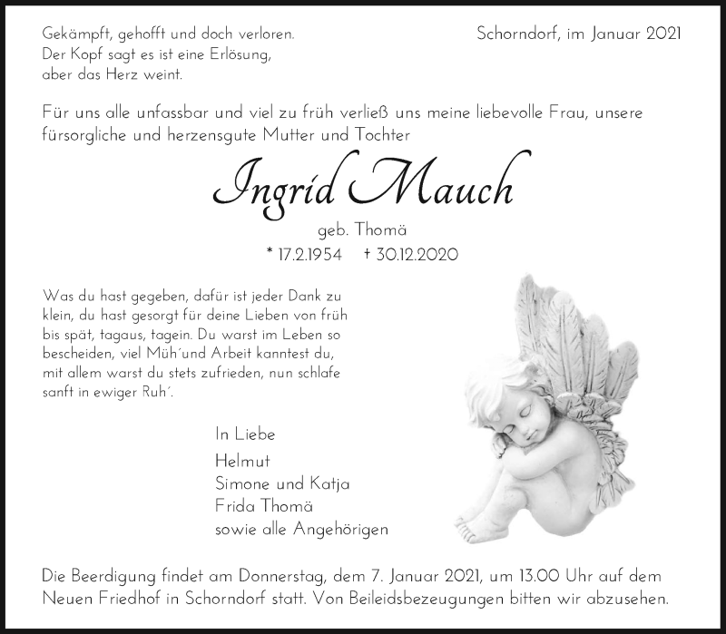  Traueranzeige für Ingrid Mauch vom 05.01.2021 aus Waiblinger Kreiszeitung