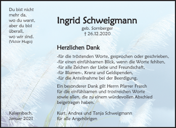 Traueranzeige von Ingrid Schweigmann von Waiblinger Kreiszeitung