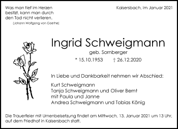 Traueranzeige von Ingrid Schweigmann von Waiblinger Kreiszeitung