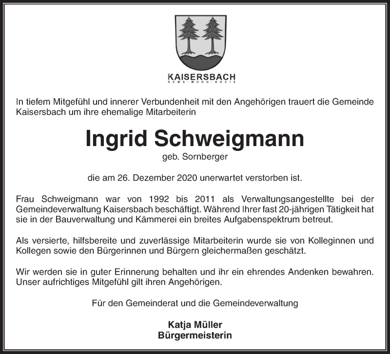  Traueranzeige für Ingrid Schweigmann vom 04.01.2021 aus Waiblinger Kreiszeitung