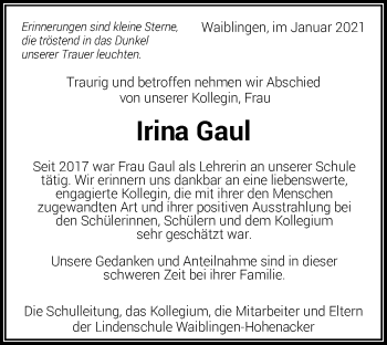 Traueranzeige von Irina Gaul von Waiblinger Kreiszeitung