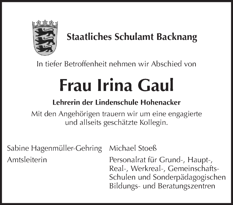  Traueranzeige für Irina Gaul vom 20.01.2021 aus Waiblinger Kreiszeitung