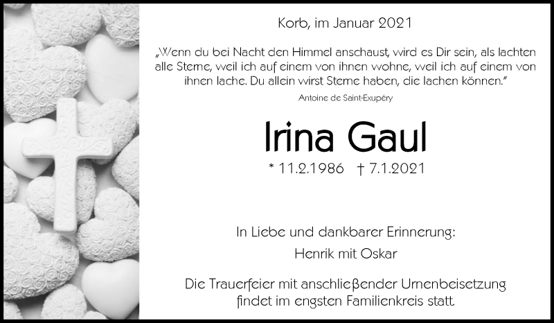  Traueranzeige für Irina Gaul vom 16.01.2021 aus Waiblinger Kreiszeitung