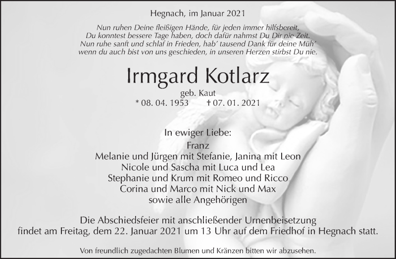  Traueranzeige für Irmgard Kotlarz vom 12.01.2021 aus Waiblinger Kreiszeitung