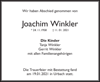 Traueranzeige von Joachim Winkler von Waiblinger Kreiszeitung