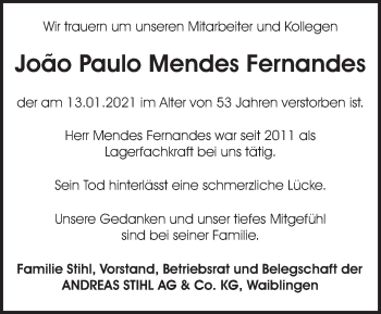 Traueranzeige von Joao Paulo Mendes Fernandes von Waiblinger Kreiszeitung