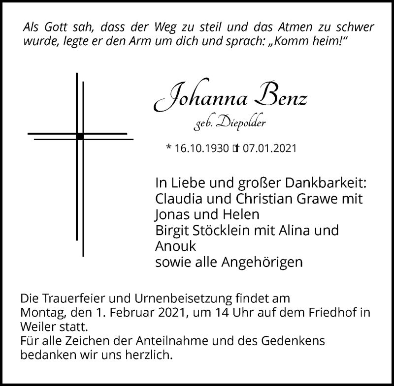  Traueranzeige für Johanna Benz vom 28.01.2021 aus Waiblinger Kreiszeitung