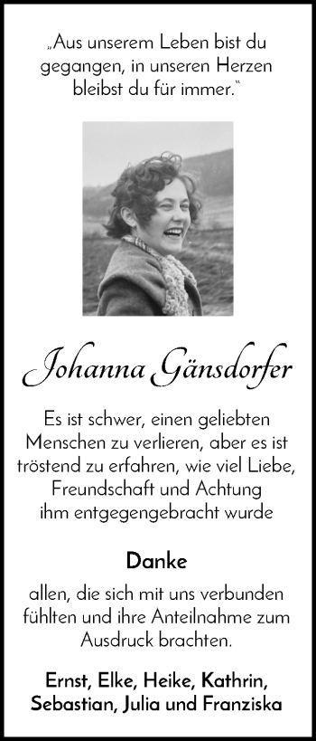Traueranzeige von Johanna  Gänsdorfer von Waiblinger Kreiszeitung