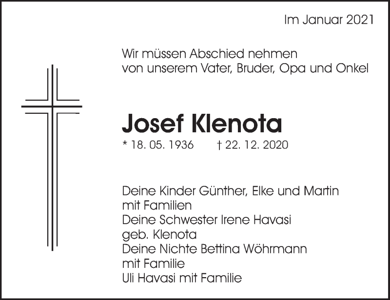  Traueranzeige für Josef Klenota vom 07.01.2021 aus Waiblinger Kreiszeitung