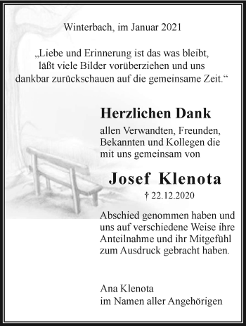 Traueranzeige von Josef Klenota von Waiblinger Kreiszeitung