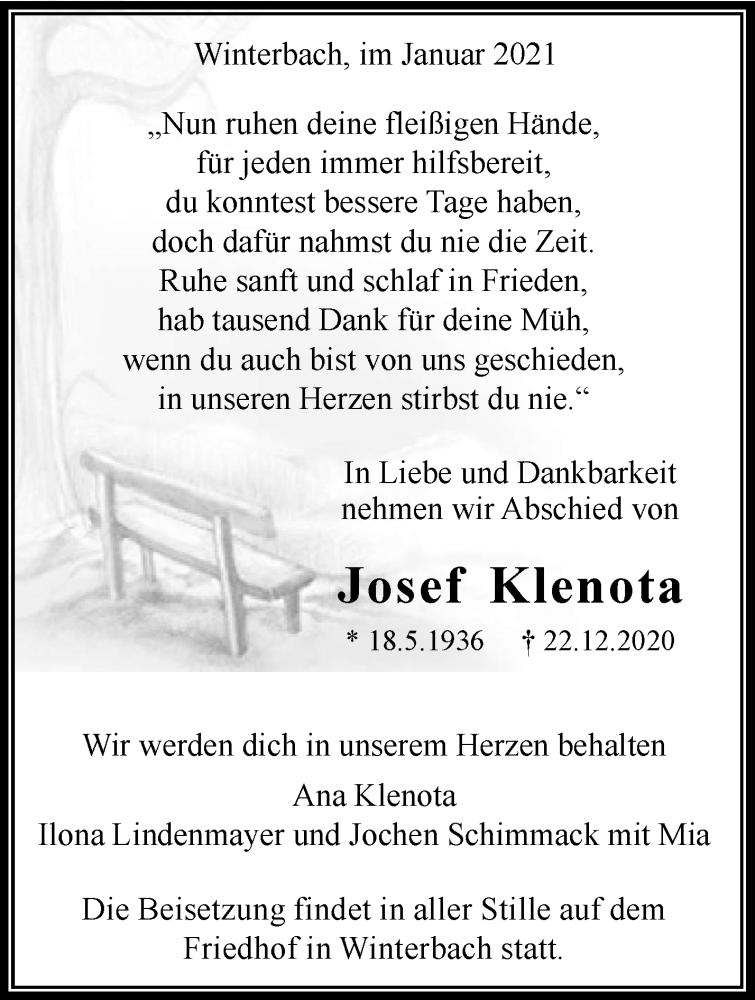  Traueranzeige für Josef Klenota vom 05.01.2021 aus Waiblinger Kreiszeitung