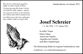 Traueranzeige von Josef Schreier von Waiblinger Kreiszeitung