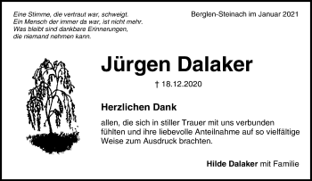 Traueranzeige von Jürgen Dalaker von Waiblinger Kreiszeitung