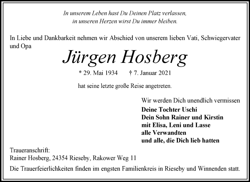  Traueranzeige für Jürgen Hosberg vom 23.01.2021 aus Waiblinger Kreiszeitung
