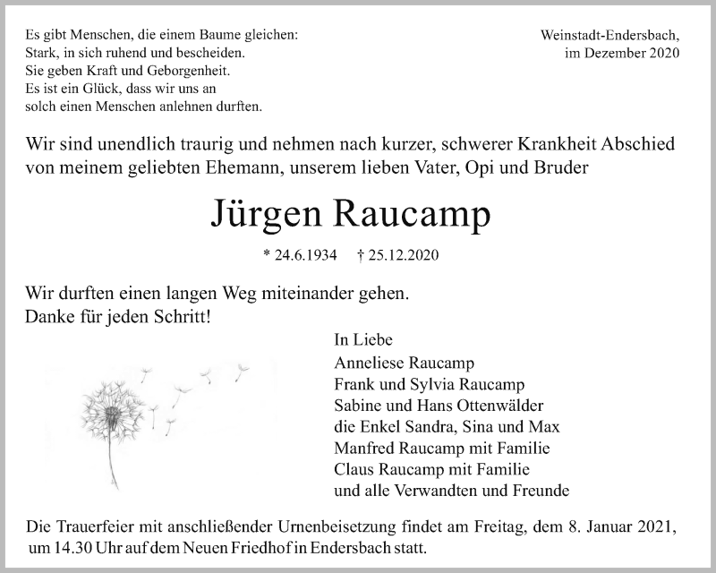  Traueranzeige für Jürgen Raucamp vom 02.01.2021 aus Waiblinger Kreiszeitung