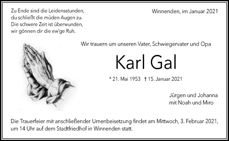  Traueranzeige für Karl Gal vom 30.01.2021 aus Waiblinger Kreiszeitung