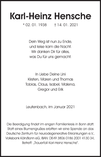 Traueranzeige von Karl-Heinz Hensche von Waiblinger Kreiszeitung