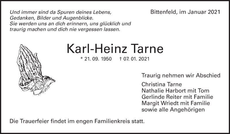  Traueranzeige für Karl-Heinz Tarne vom 16.01.2021 aus Waiblinger Kreiszeitung