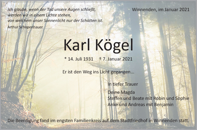  Traueranzeige für Karl Kögel vom 19.01.2021 aus Waiblinger Kreiszeitung