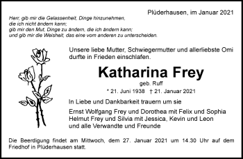 Traueranzeige von Katharina Frey von Waiblinger Kreiszeitung