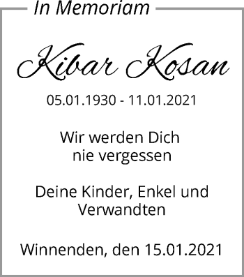 Traueranzeige von Kibar Kosan von Waiblinger Kreiszeitung