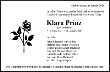 Traueranzeige von Klara Prinz von Waiblinger Kreiszeitung