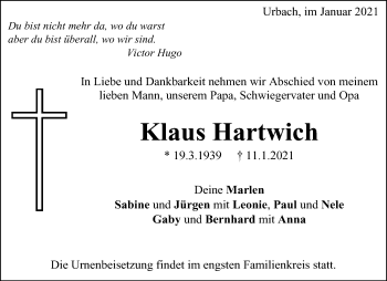 Traueranzeige von Klaus Hartwich von Waiblinger Kreiszeitung