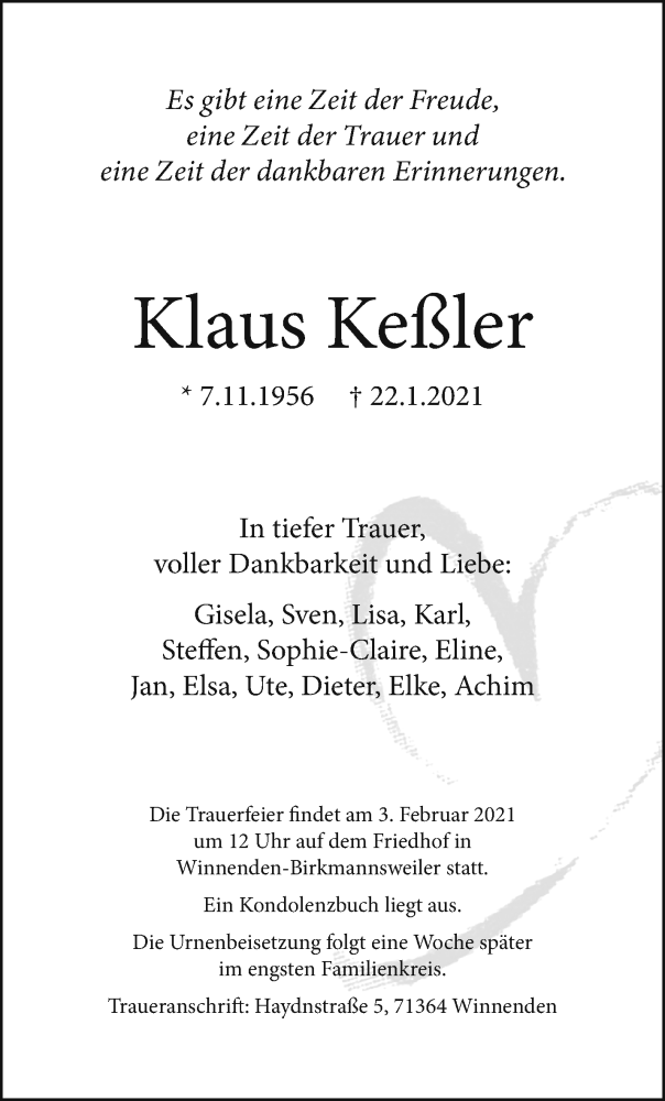  Traueranzeige für Klaus Keßler vom 27.01.2021 aus Waiblinger Kreiszeitung