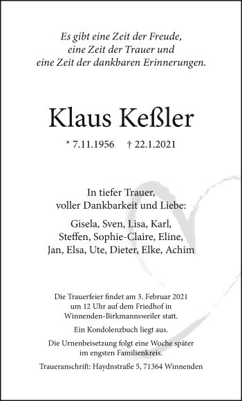 Traueranzeige von Klaus Keßler von Waiblinger Kreiszeitung