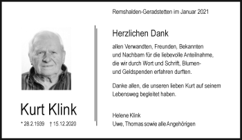 Traueranzeige von Kurt Klink von Waiblinger Kreiszeitung